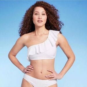 Women's Eyelet Ruffle One Shoulder Bikini Top & Bottom - Kona Sol White M (8-10)